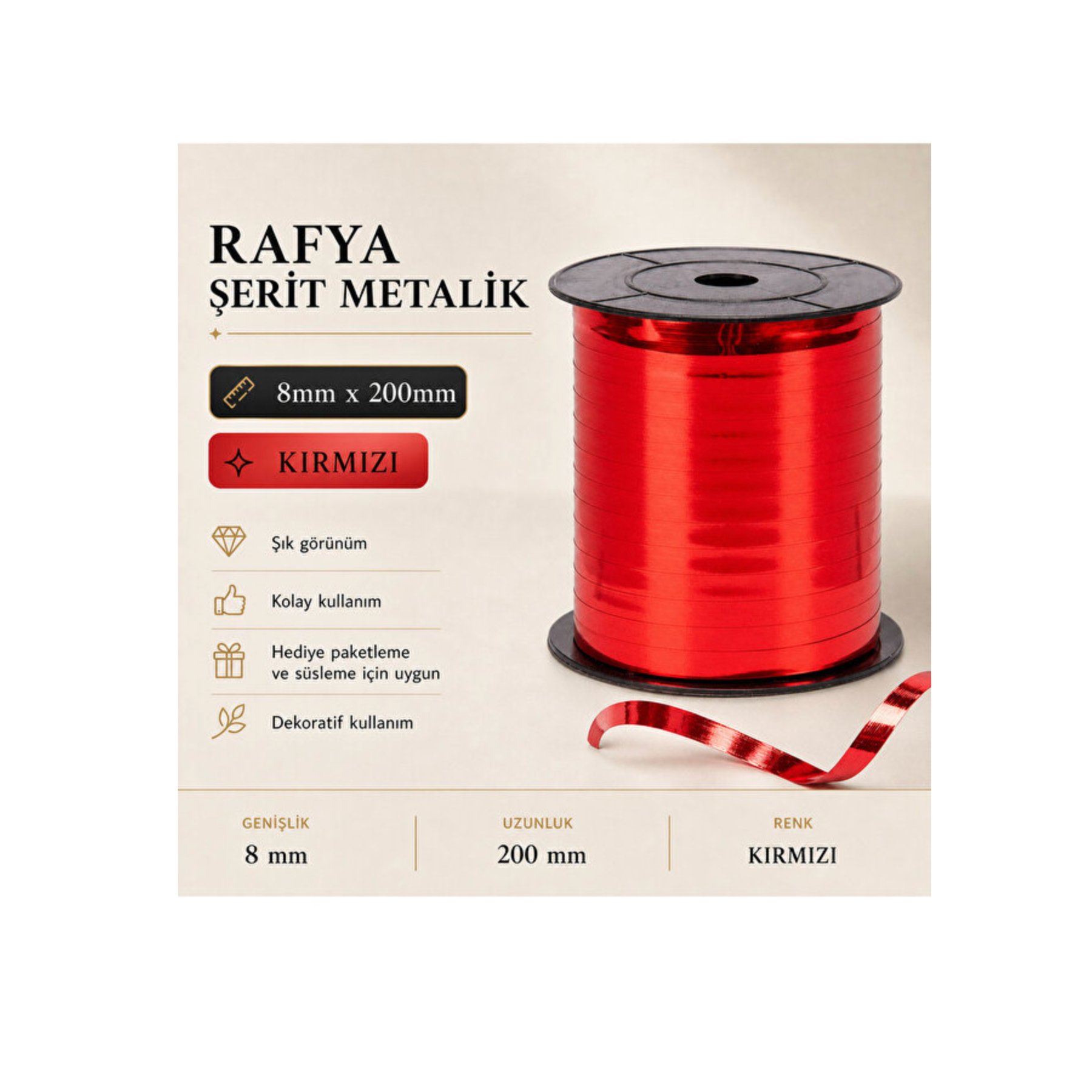 Karma Metalik Rafya 8 mm x 200 m Kırmızı  