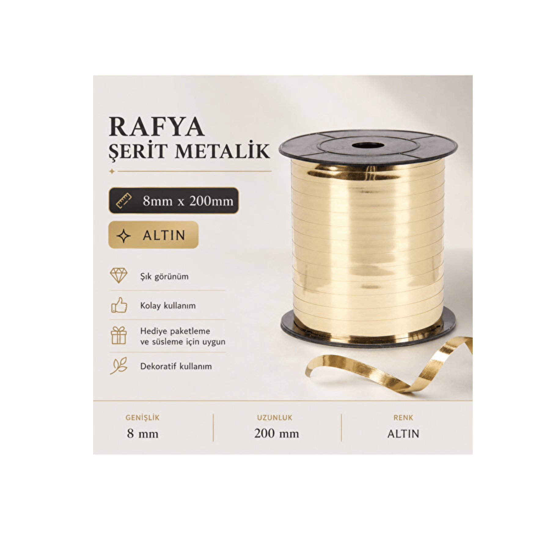 Karma  Rafya 8 mm x 200 m Metalik Altın  