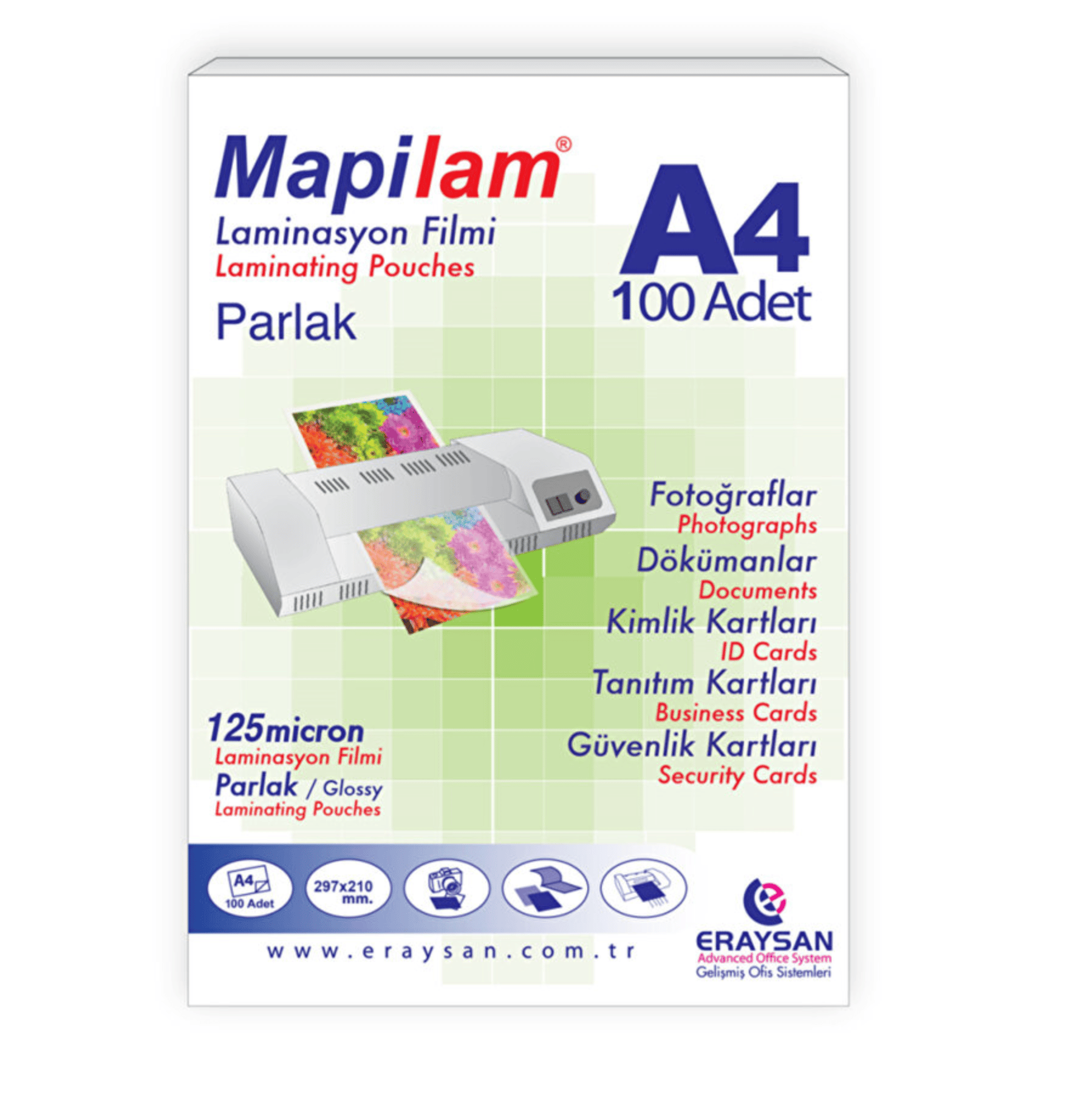 MAPİLAM 125 MİCRON PARLAK LAMİNASYON FİLMİ A4 100 LÜ