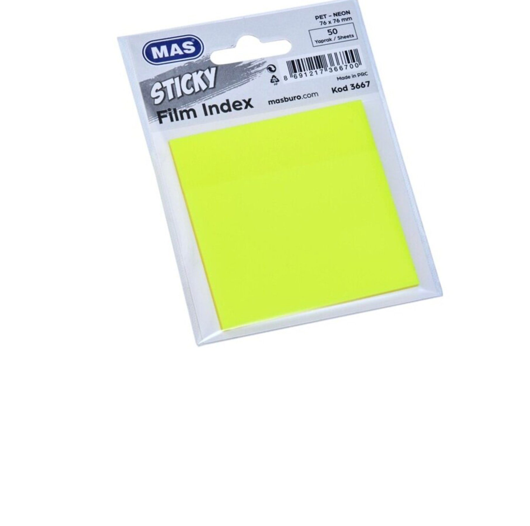 Mas Transparan PP Yapışkanlı Not Kağıdı Neon Sarı 76x76 Ofis