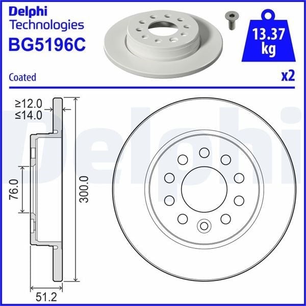 Fren Diski Çiftli Paket - Boyalı Delikli Vw Multivan Arka 08-2021> Delphı Bg5196c