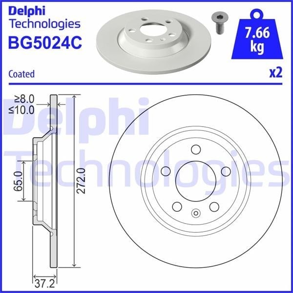 Fren Diski Çiftli Paket - Boyalı. Deliksiz Arka Audı A1 Sportback Gba // Vw Polo Vı Aw1. Bz1 1 1/2017> Delphı Bg5024c