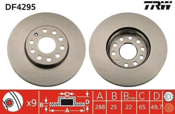 Fren Diski Ön Vw Caddy-Passat-Golf 5/6/7- Skoda Octavıa Ford Connect 23> Çap: 288Mm. Kalınlık: 25Mm Delik: 9 Trw Df4295