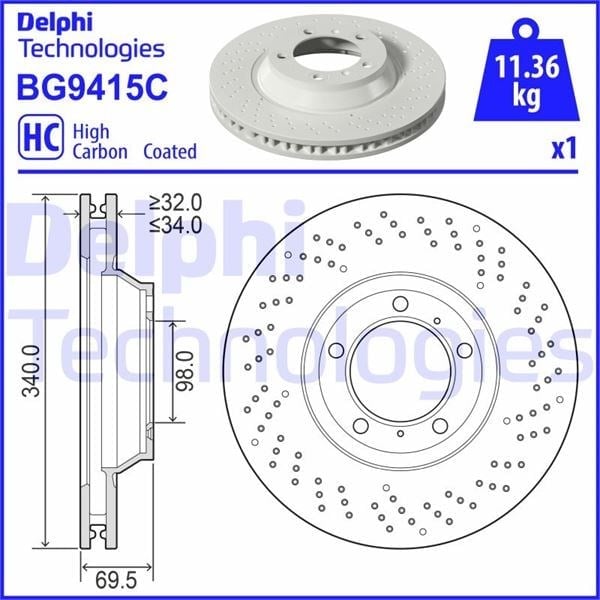 Fren Diski Tekli Paket - Boyalı. Delikli Ön Sol Porsche 911. Boxster 12/2011 > Delphı Bg9415c