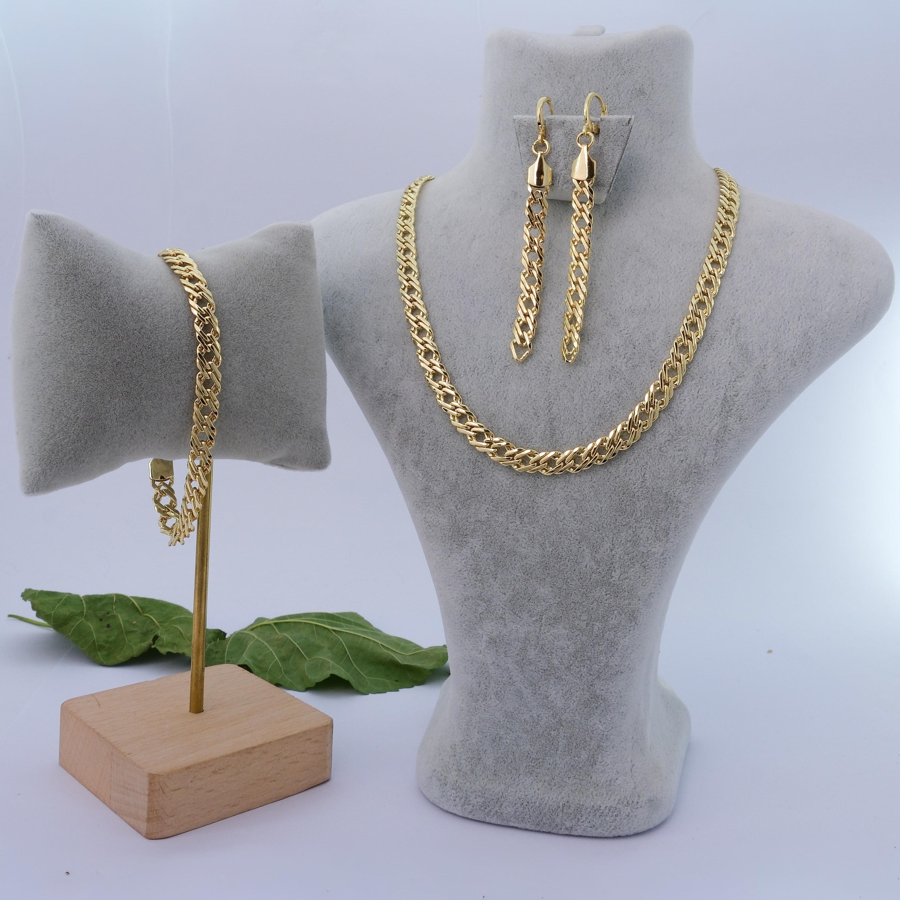 14 Ayar Altın Kaplama Klasik Gurmet Zincirli Kolye - Küpe - Bileklik Set LCC-3065