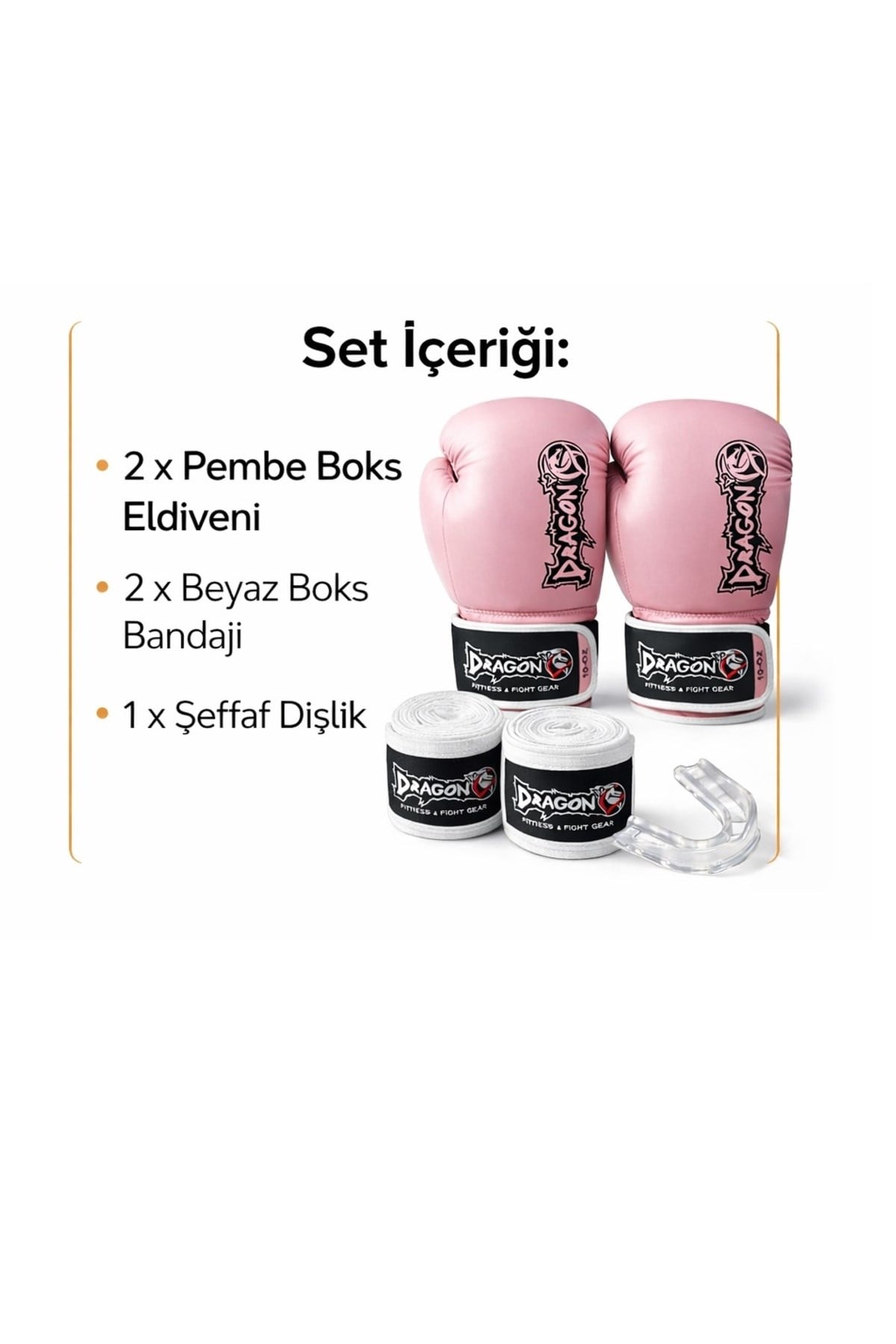 Dragon Pembe Boks Eldiveni Seti Bandaj ve Dişlik Dahil Kick Boks Muay Thai