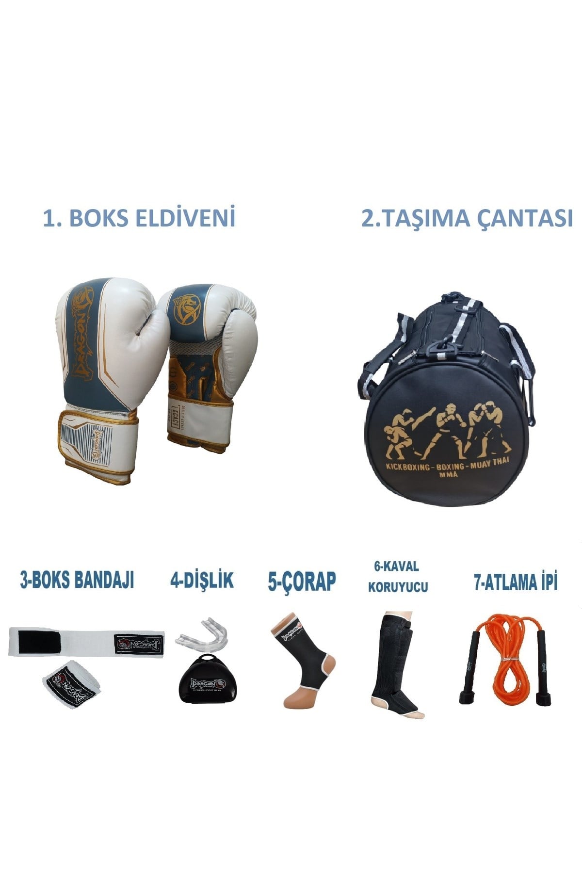 Kıck Boks Eldiveni Çantalı antrenman Seti Boxing, Dragon Legacy Boks Eldiveni ve Ekipmanı Beyaz
