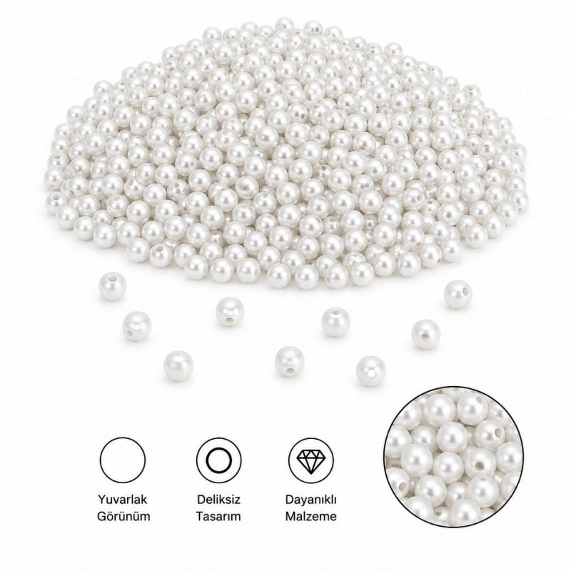 İnci Boncuk Deliksiz Beyaz Tam 5 mm 500 gr