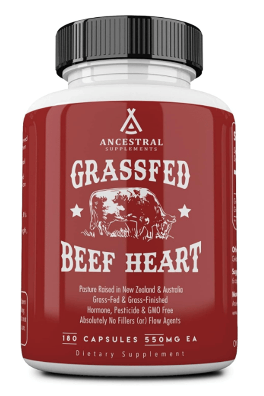 Ancestral Supplements Grass Fed Beef Heart  3300mg, CoQ10 and Mitochondrial Health, Non-GMO, 180 Capsules.