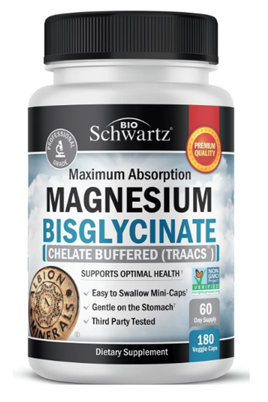 BioSchwartz Magnesium Bisglycinate 100% Chelate No-Laxative Effect - Maximum Absorption- Fully Reacted & Buffered for Energy Muscle Bone & Joint Support -180 Vegi Capsul.47.