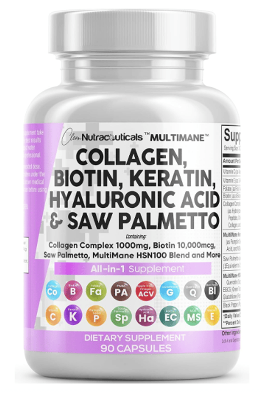 Clean Nutraceuticals Collagen 90 Capsul 1000mg Biotin 10000mcg Keratin Saw Palmetto Hyaluronic Acid - Nails Vitamins  DHT Blocker with Vitamin E Folic Acid Pumpkin Seed MSM.