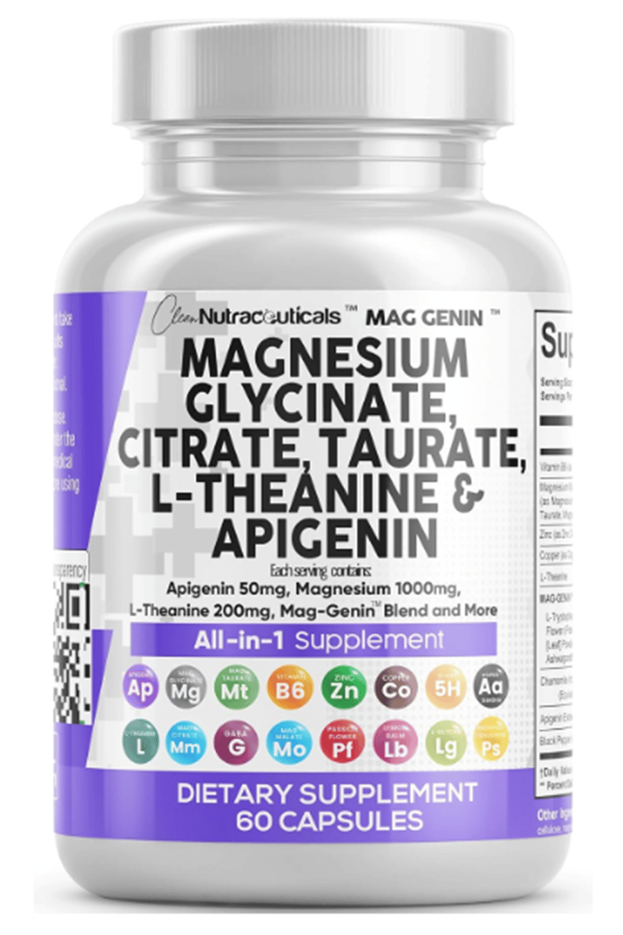 Clean Nutraceuticals Magnesium Glycinate Complex 60 Capsul 1000mg with L-Theanine 200mg Apigenin 50mg Citrate Taurate - 5-HTP GABA Passion Flower Lemon Balm L-Glycine Phosphatidylserine.