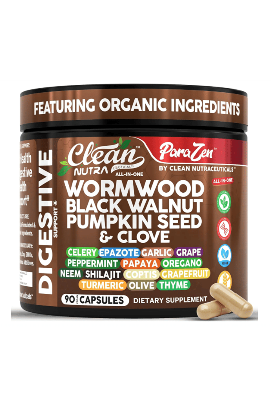 Clean Nutraceuticals  Wormwood Black Walnut Pumpkin Seed 90 Capsul Clove Oil Celery Garlic Grape Papaya Neem Diatomaceous Earth Womens Probiotic Gut Health Cleanse Detox Oregano Olive Turmeric.