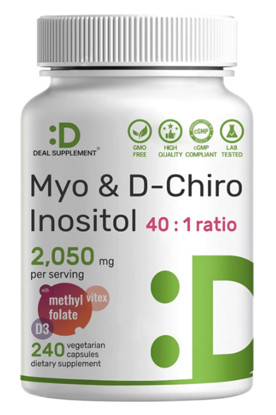 DEAL SUPLAMENT Myo-Inositol  D-Chiro Inositol  (40:1)  2,050mg  240 Veggie Capsules  with Folate, Vitamin D3  Vitex  Hormonal Balance.Abd Menşei.51.