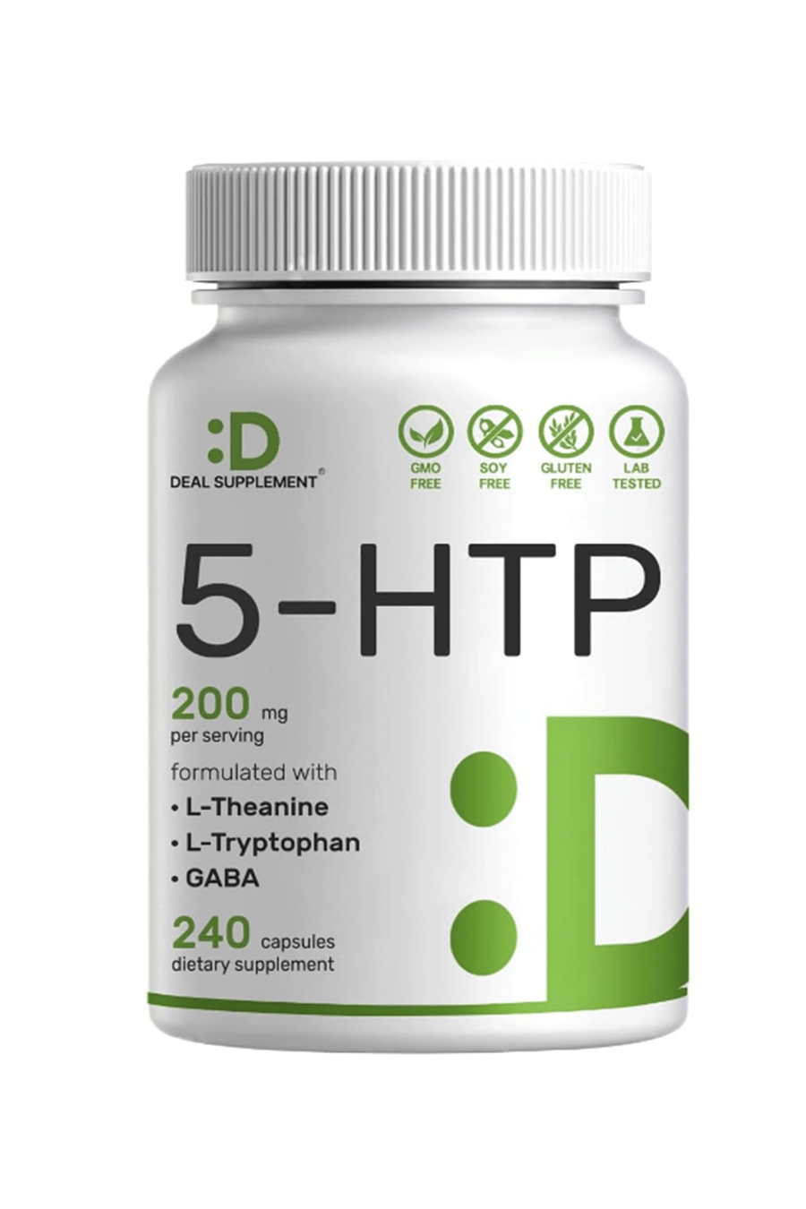 DEAL SUPPLEMENT 5-HTP 200mg  240 Capsul, 98% African Derived Griffonia Seed Extract  Plus Active L Theanine, L Tryptophan, GABA  Relaxation.Usa Menşei.49.