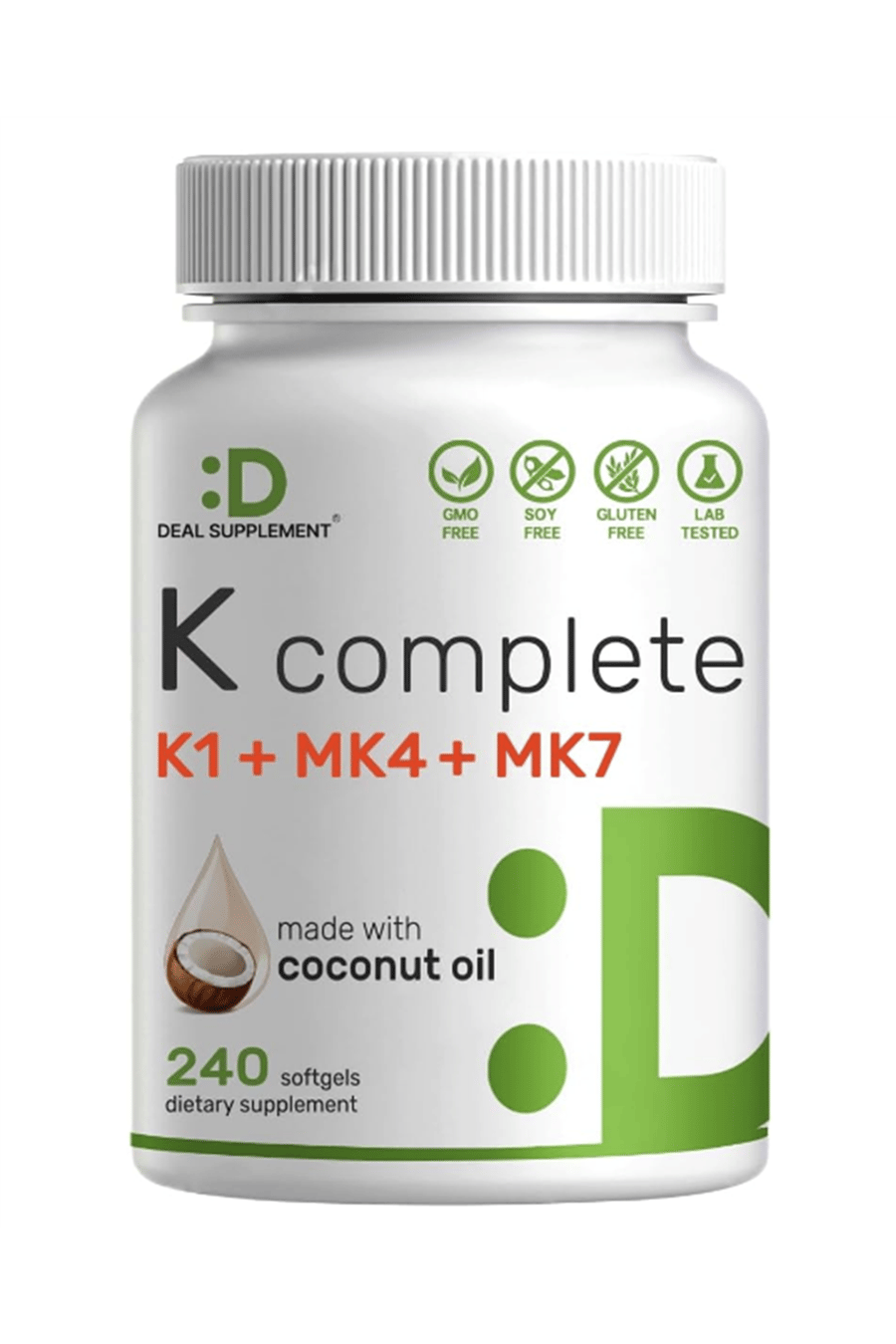 DEAL SUPPLEMENT Premium K Complete - Vitamin K1, K2 MK-7 & MK-4 Complex, 240 Coconut Oil Infused Softgels - Full Spectrum Triple Vitamin K.45.