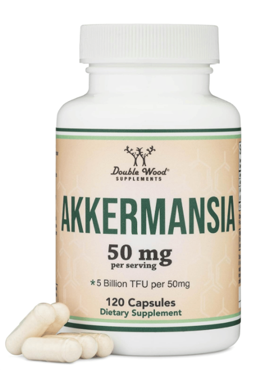 Double Wood Akkermansia Probiotic and Postbiotic (Increases GLP-1 Production) 120 Capsules, 50mg per Serving (Third Party Tested to 5 Billion TFU.Abd Menşei.