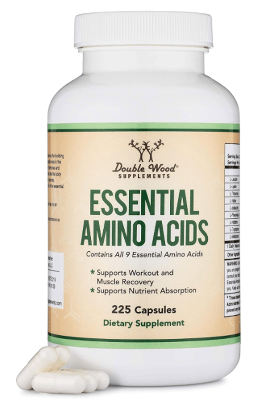 Double Wood Essential Amino Acids - 9 Essential Aminos (EAA) and All Branched-Chain Aminos (BCAAs) (Leucine, Isoleucine, Valine) 225 Capsul.39.