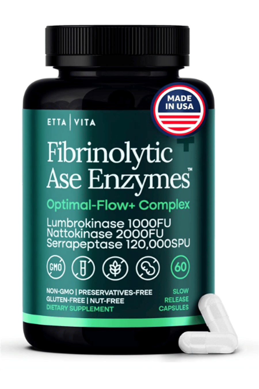Etta Vita Fibrinolytic Ase Enzymes Lumbrokinase Nattokinase Serrapeptase 60 Slow Release Capsules.Made ın Usa.