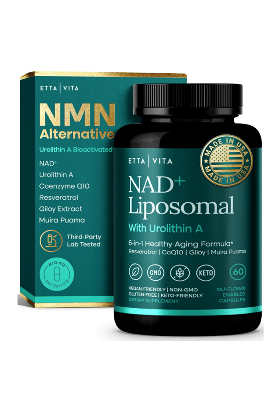 Etta Vita Liposomal NAD+ 60 Capsul Resveratrol, Urolithin A, CoQ10,Muira Puama Natural Energy, Brain Fog, Digestion, Detox, Gut Health, Microbiome, NR NMN Replacement.Made ın Usa.
