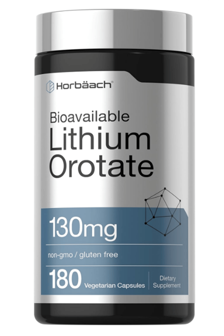 Horbäach Lithium Orotate 130mg  180 Capsul Non-GMO, Gluten Free  5mg. Usa Menşei.43.