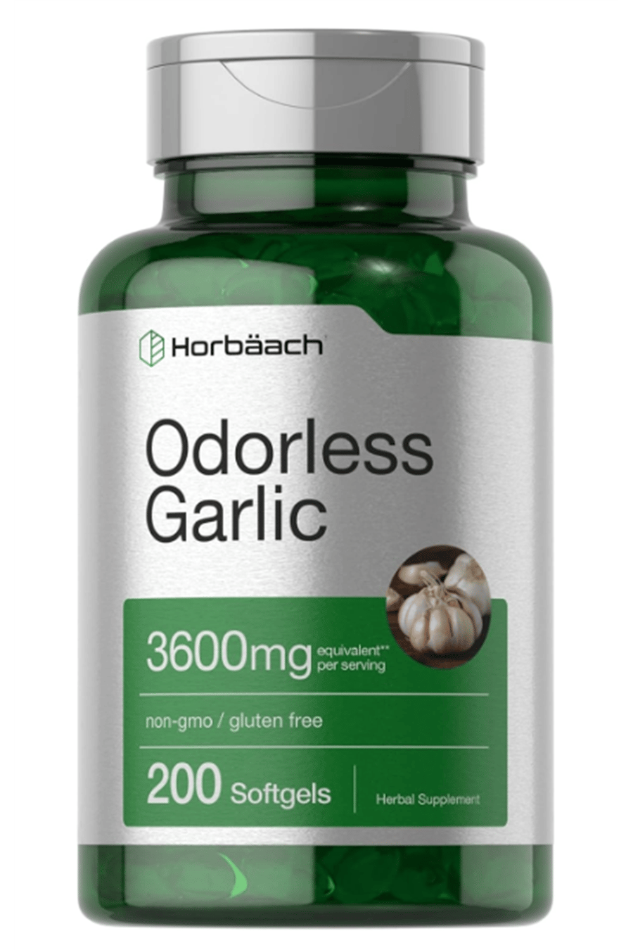 Horbäach Odorless Garlic 200 Softgels 3600mg  Ultra Potent Garlic Extract  Non-GMO & Gluten Free.