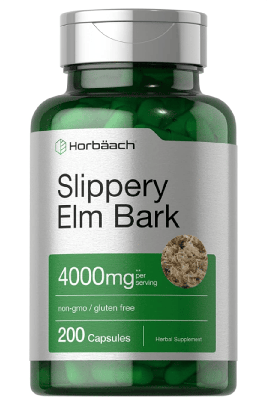 Horbäach Slippery Elm Bark 200 Capsules  Non-GMO  Gluten Free.