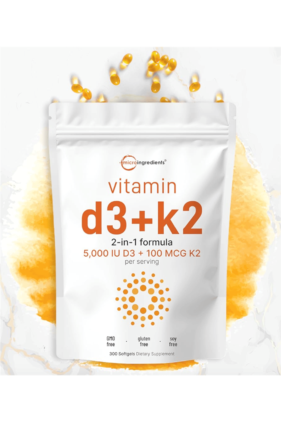 Micro Ingredients Vitamin D3 5,000 IU + K2 MK-7 100 mcg, 300 Softgels  Vitamins D - K Complex  Extra Strength, Easy to Swallow, Non-GMO, Gluten Free.