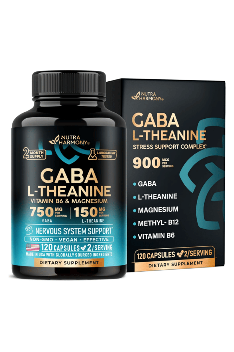 NUTRAHARMONY  GABA L-Theanine 900 mg - Made in USA - Magnesium  Vitamin B6 - Calm, Sleep, Relaxation & Mood Support - Gamma AminoButyric Acid, L-Theanine - Non-Habit Forming, Vegan - 120 Capsul.50..