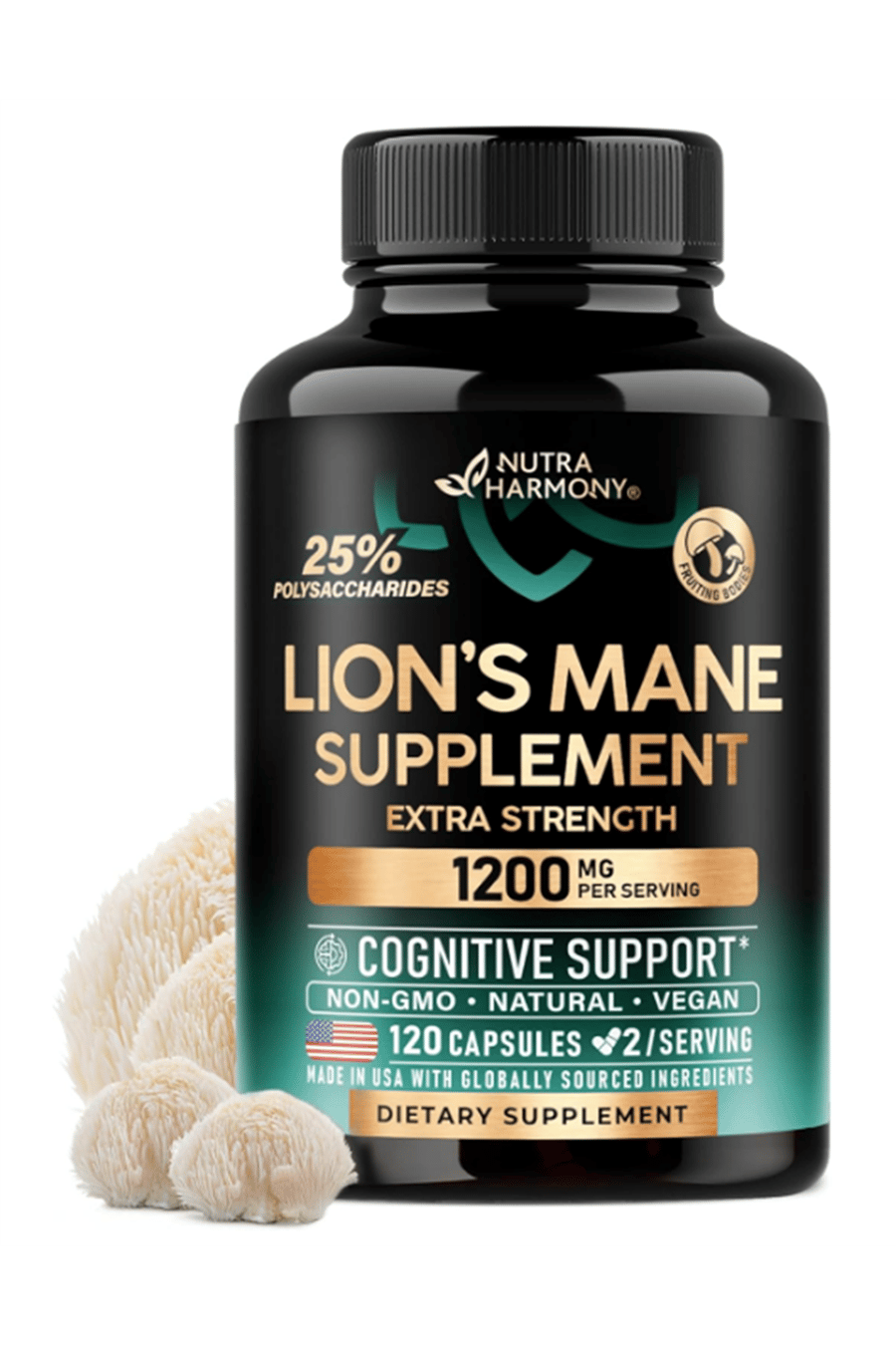 NUTRAHARMONY  Organic Lions Mane - Made in USA 1200 mg Memory & Focus Support  120 Capsules.