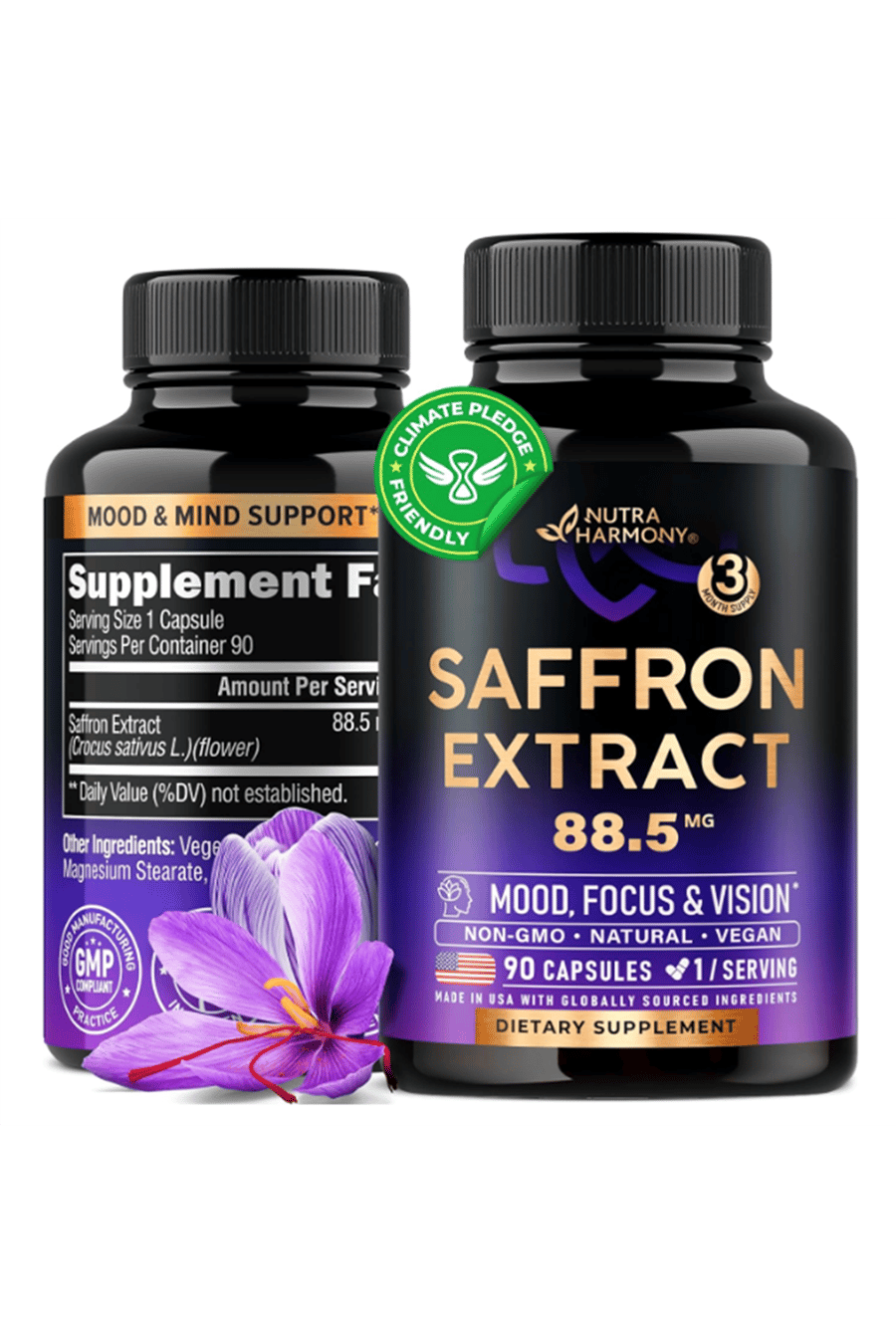 NUTRAHARMONY Saffron Extract 88.5 mg - Made in USA - Mood  Focus  Vision  Energy Support - Women & Men - NonGMO Vegan - 90  Capsules.
