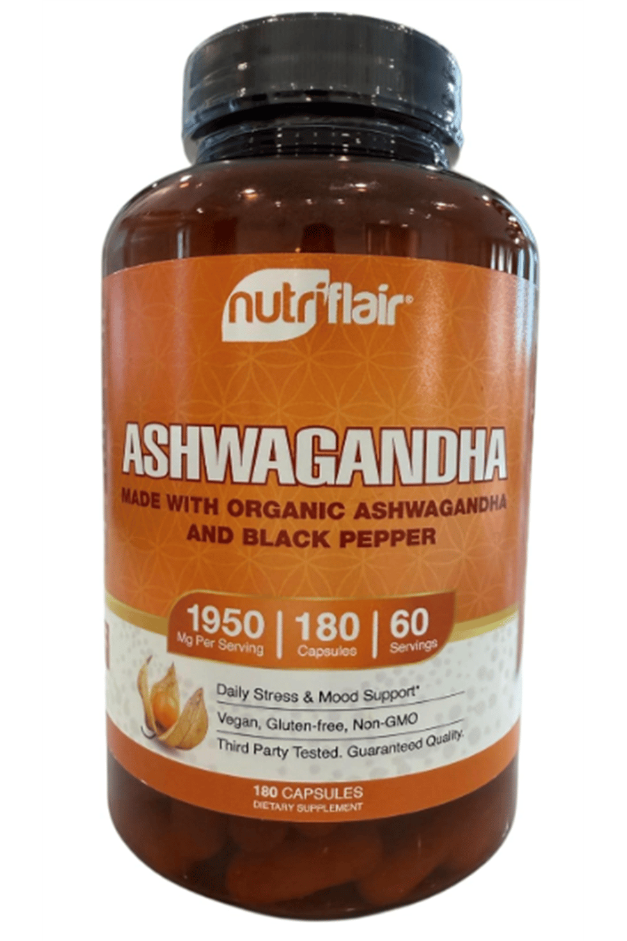NutriFlair Organic Asvaganda  Root Extract Black Pepper  - 180 Capsul  Made in USA.