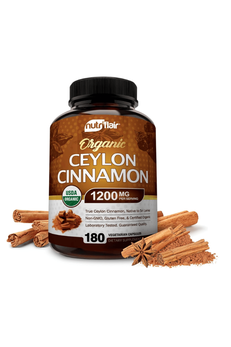 NutriFlair Organic Ceylon Cinnamon (100% Certified Organic Ceylon Cinnamon) 1200mg per Serving, 180 Capsul.USA.