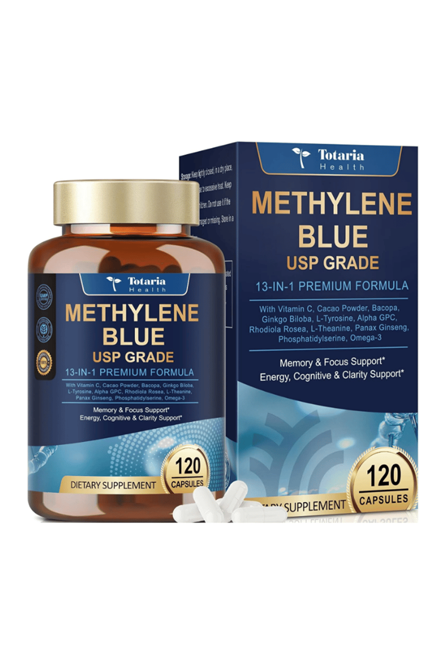 Totaria Healt Methylene Blue 120 Capsul 13 in 1 Upgrade Patented Brain Formula with Vitamin C Ester, Bacopa, Phosphatidylserine, Omega-3 Fatty Acids - Memory, Focus, Clarity, Cognitive.