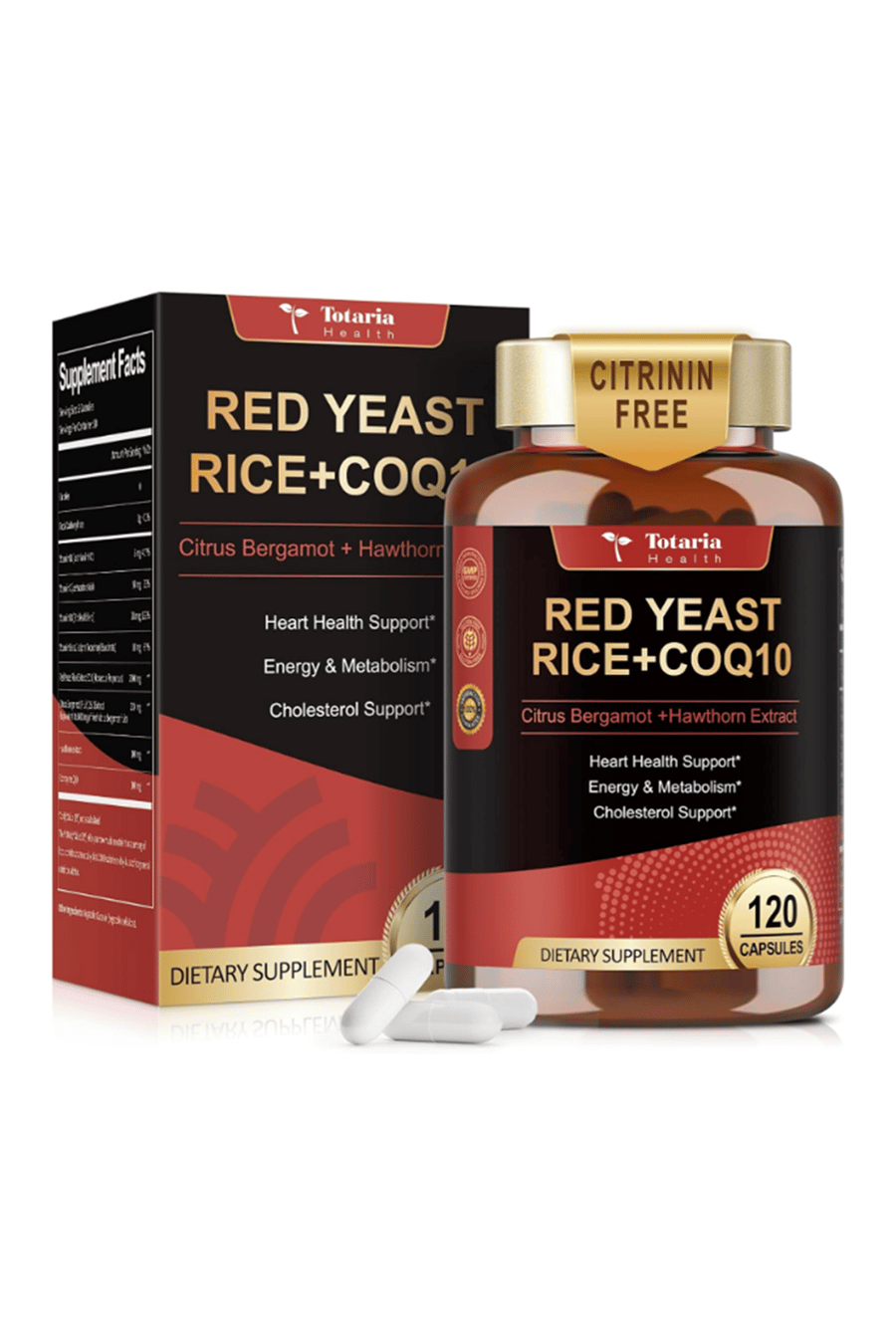 Totaria Healt  Red Yeast Rice 2000mg with CoQ10 120 Capsul Citrinin Free Extract Red Yeast Rice CoQ10 100 Plus Citrus Bergamot - Cholesterol Lowering.