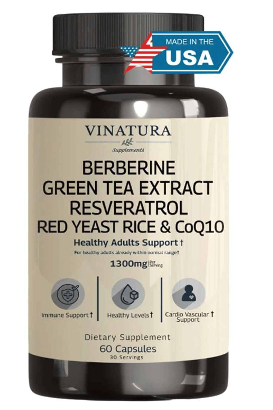 VINATURA Berberine HCL & Ceylon Cinnamon - Red Yeast Rice & CoQ10 1300mg  Healthy Levels with Green Tea Extract, Resveratrol, Magnesium, Glycinate, Chromium Picolinate 60 Capsul.53.