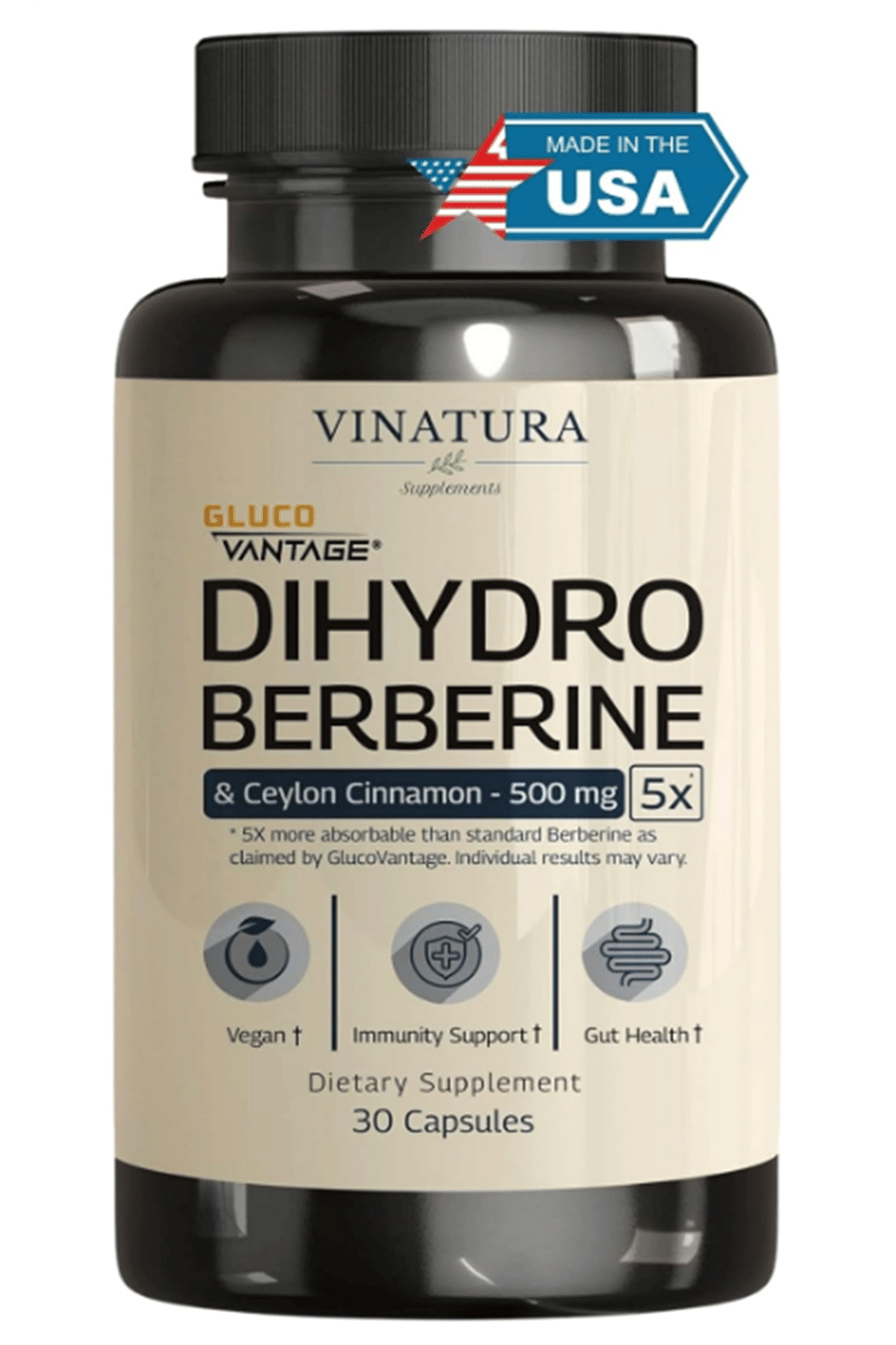 VINATURA Dihydroberberine Ceylon Cinnamon, 500mg - (Patented GlucoVantage Super Berberine), Maybe Berberine 5X More absorbable - 30 Capsules.