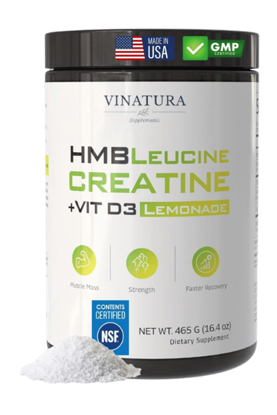 VINATURA HMB Creatine Leucine  465gr - 5g Creatine Monohydrate, 3g HMB, 3g L-Leucine - Vitamin D3, Vegan Lemonade Flavor, Muscle  Strength Support - 30 Servis.