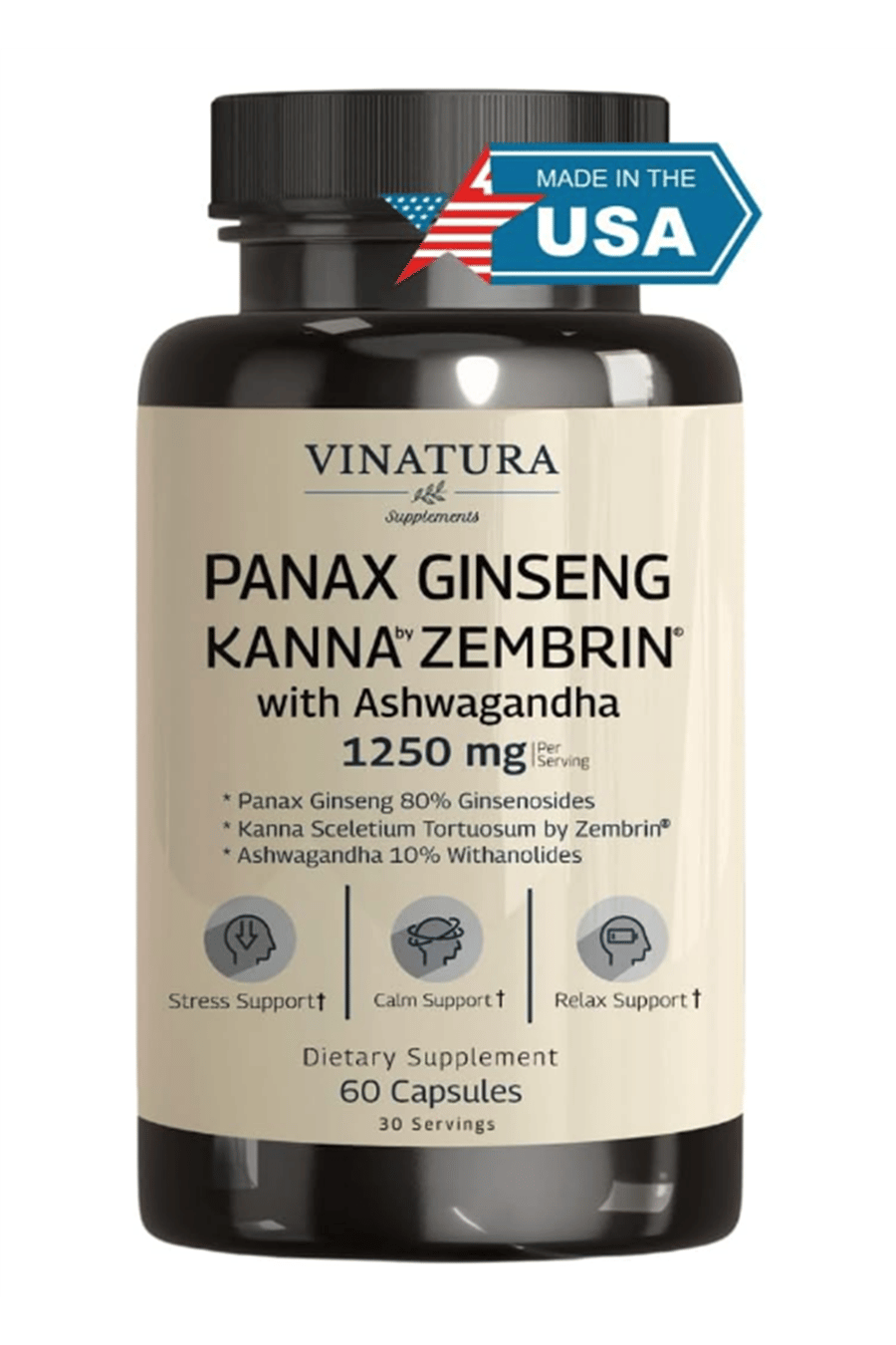 VINATURA Kanna Zembrin  Panax Ginseng  Asvaganda *Brain Health, Stress Relief Support* 60 Caps.Usa Menşei.4052