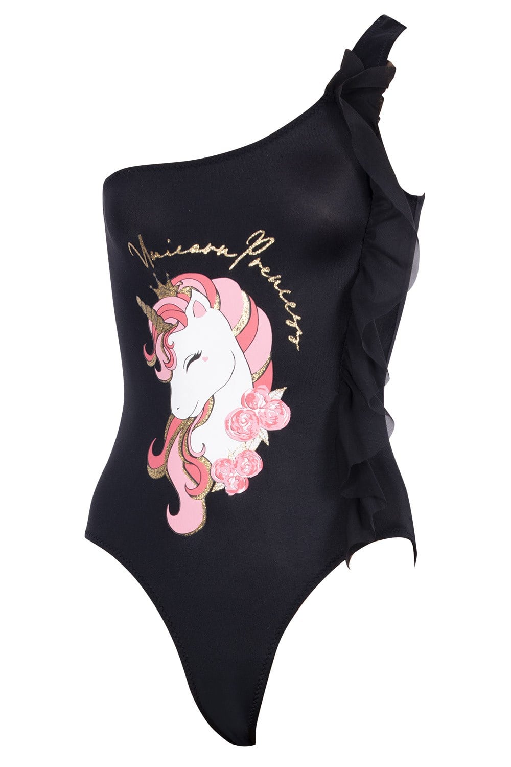 Kom Diva Unicorn Baskılı Kız Çocuk Mayo Siyah
