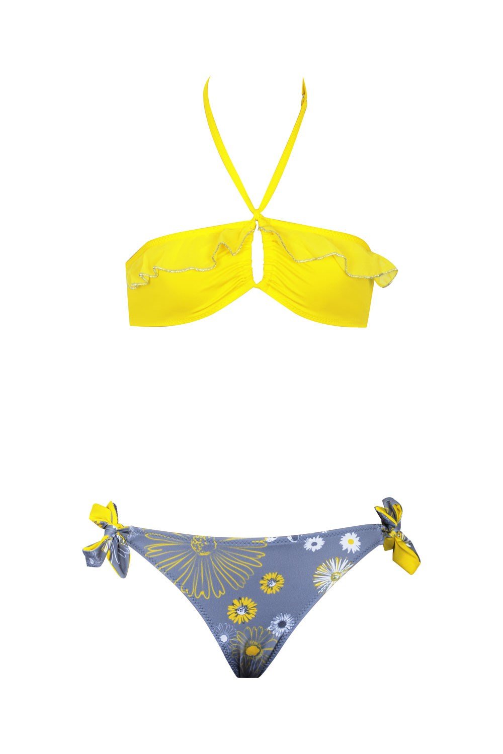 Kom Kara Çiçek Desenli Kız Çocuk Bikini Takım Sarı