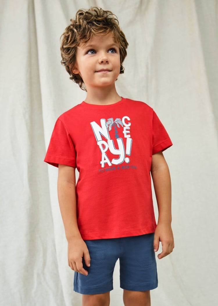 Mayoral Erkek Çocuk 3 Parça Baskılı T-Shirt - Şort Takım Kırmızı-Beyaz