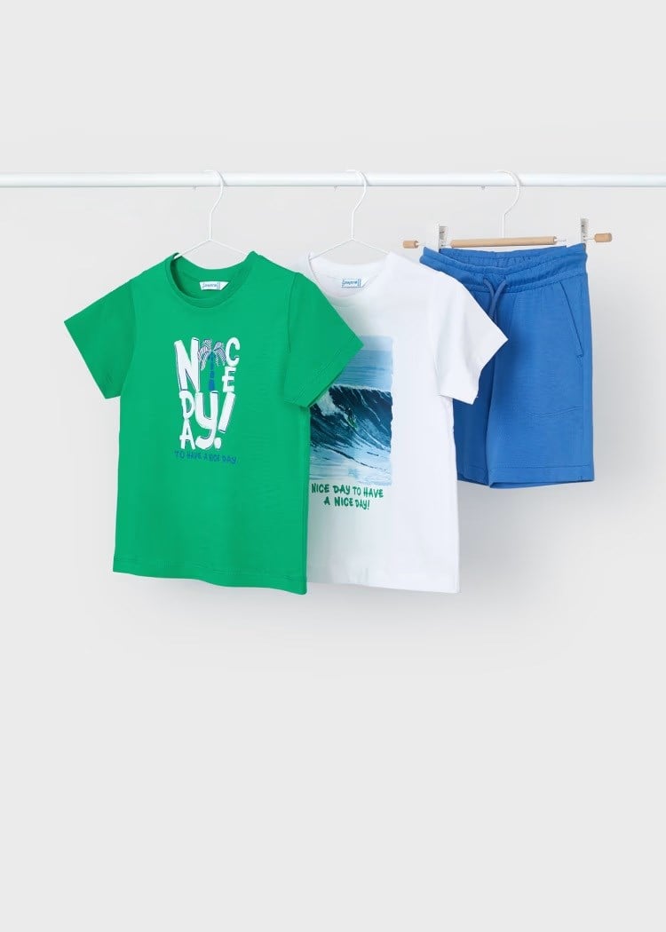 Mayoral Erkek Çocuk 3 Parça Baskılı T-Shirt - Şort Takım Yeşil-Beyaz