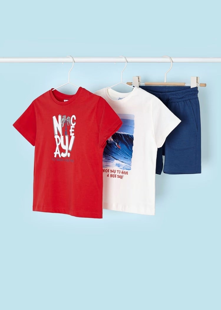 Mayoral Erkek Çocuk 3 Parça Baskılı T-Shirt - Şort Takım Kırmızı-Beyaz