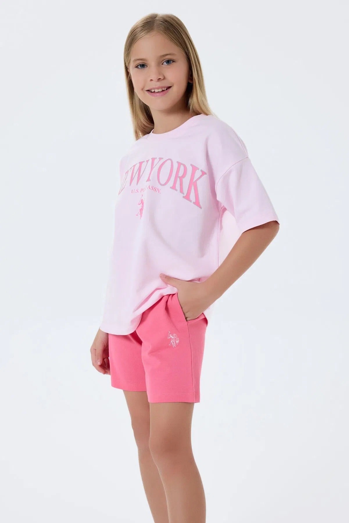 U.S. Polo Assn Kız Çocuk İki İplik Şortlu Takım Pembe