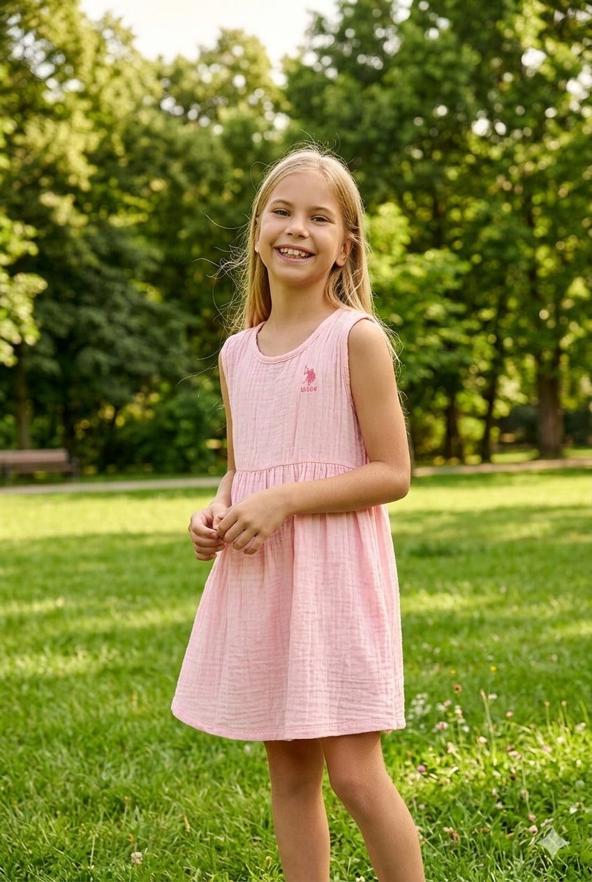 U.S. Polo Assn Kız Çocuk Müslin Elbise Pembe