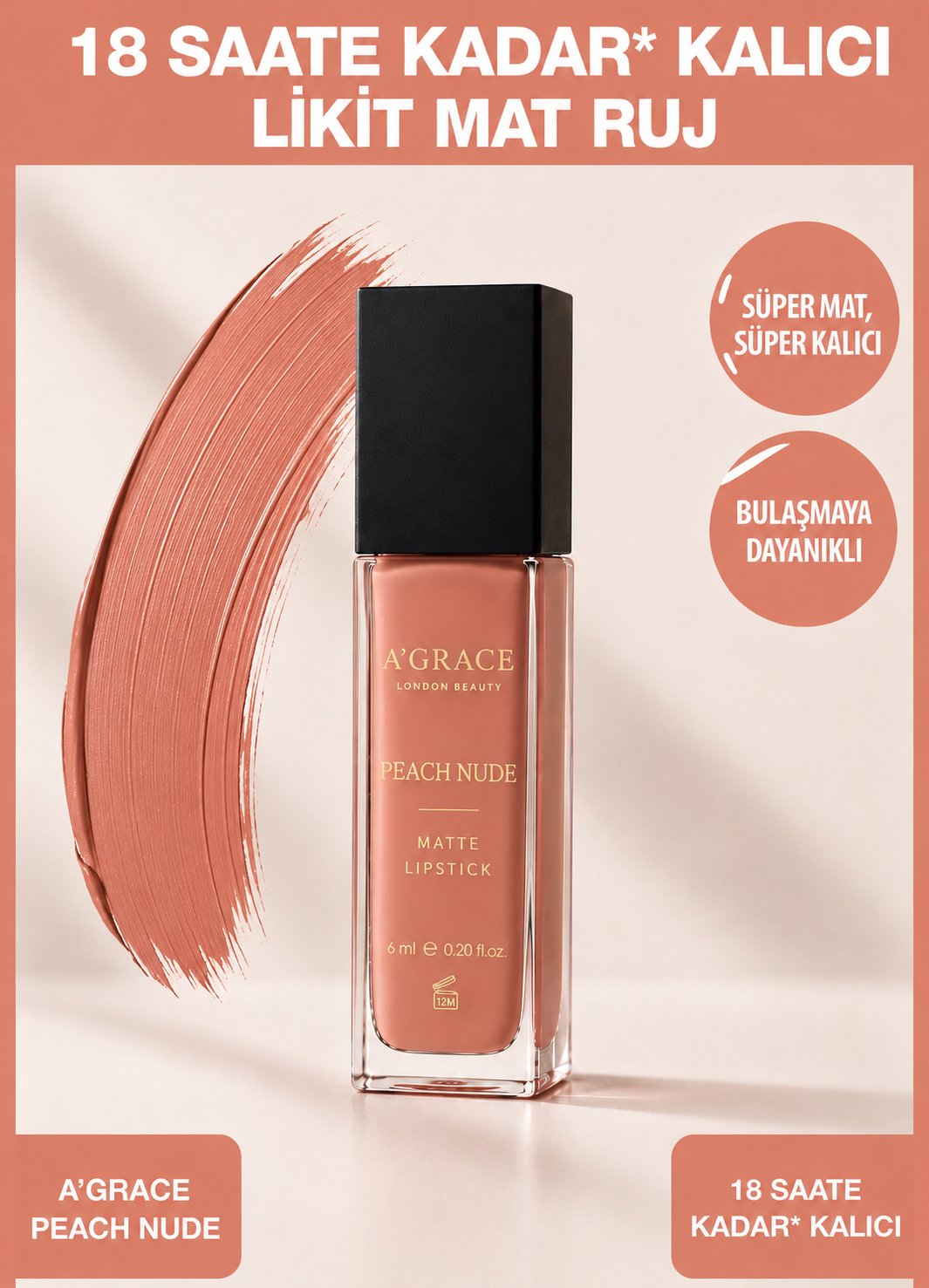 A'Grace Peach Nude Matte Lipstick 6 ml