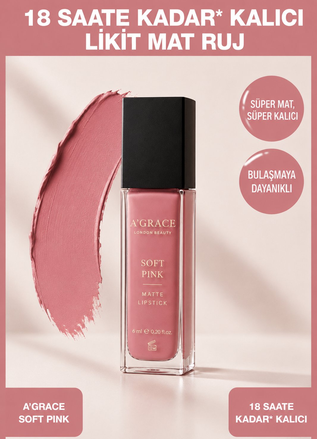A'Grace Soft Pink Matte Lipstick 6 ml
