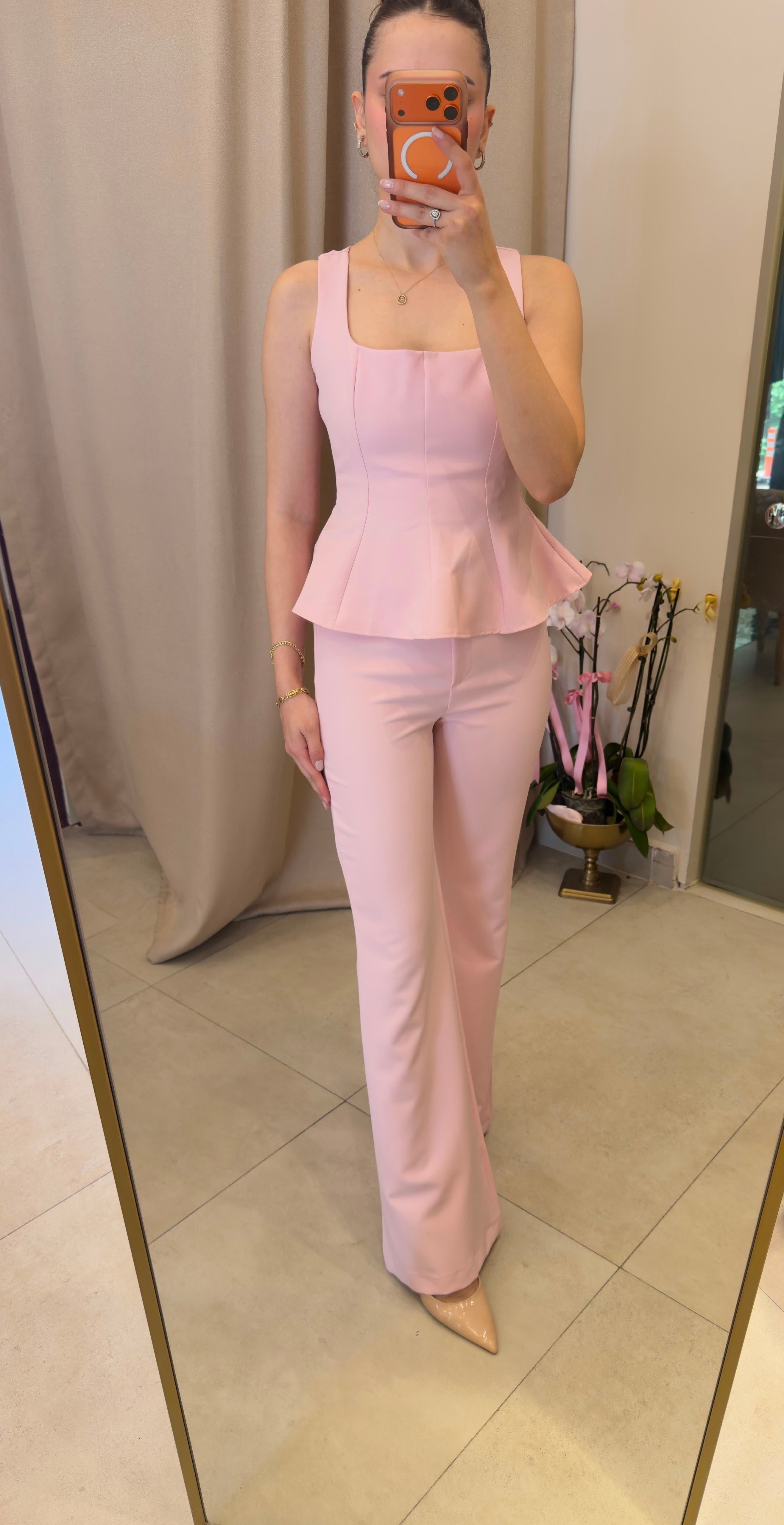 TOZ PEMBE KARE YAKA BLUZ FLARE PANTOLON TAKIM