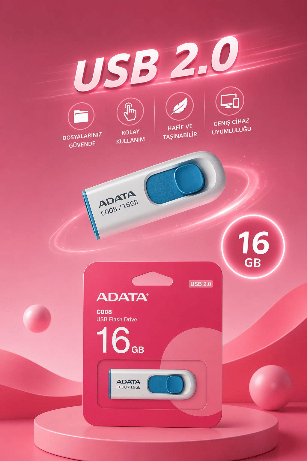 Adata C008/16GB 16GB USB 2.0 Classic (Beyaz + Mavi) Flash Bellek